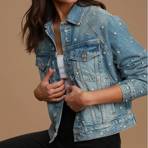 We The Free Night after Night Light Wash Rhinestone Oversized Denim Jacket